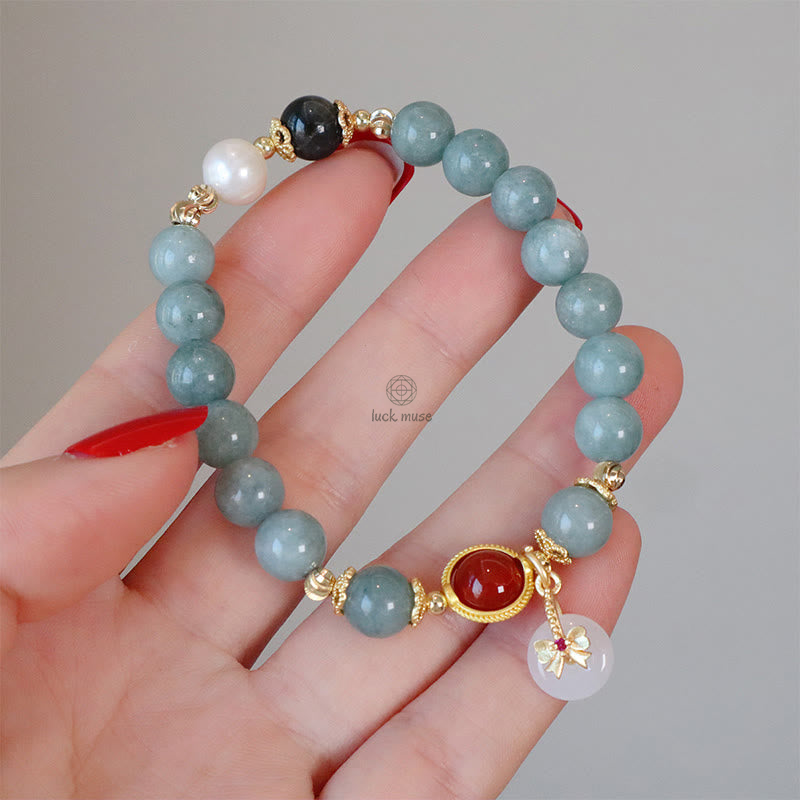 Natural Jade Red Agate Pearl Bracelet with Bow Tie Luck Charm - Image 9