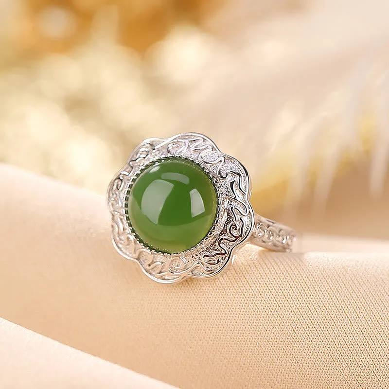 Luck Muse 925 Sterling Silver Hetian Cyan Jade Floral Luck Ring - Image 2