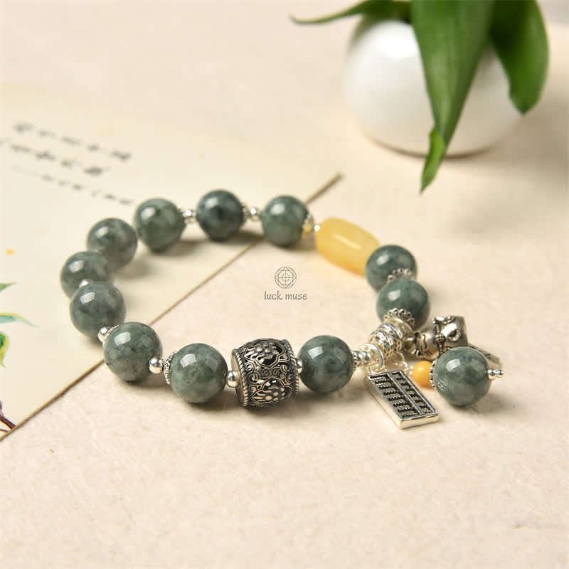 925 Sterling Silver Cyan Jade Amber Lucky Cat Abacus Success Bracelet - Image 6