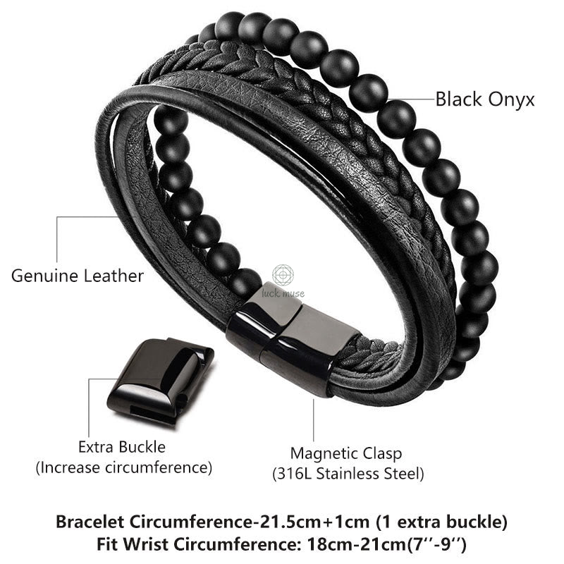 Natural Lava Rock Frosted Stone Bead Leather Bracelet with Black Onyx Accents - Image 12