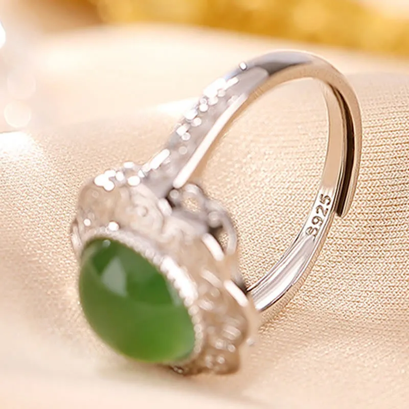 Luck Muse 925 Sterling Silver Hetian Cyan Jade Floral Luck Ring - Image 5