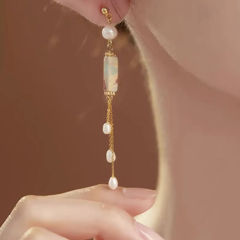 Luck Muse Shoushan Stone Pearl Drop Earrings with 925 Sterling Silver Posts - Image 4