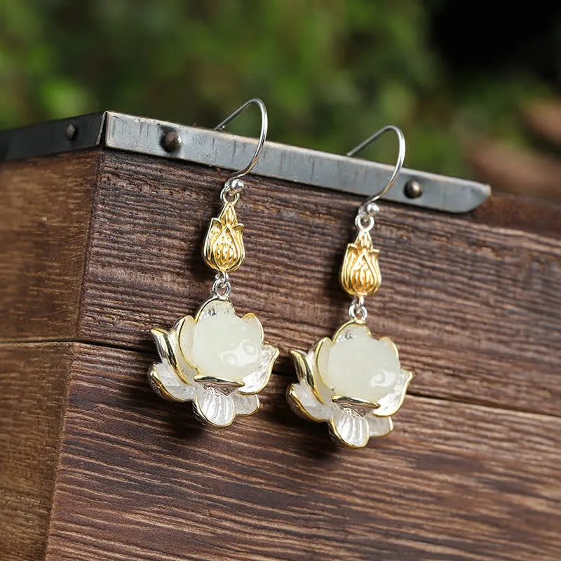 Luck Muse Shop 925 Sterling Silver White Jade Protection Harmony Drop Earrings