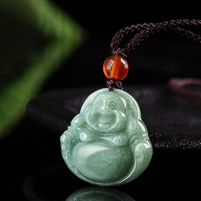 Laughing Buddha Cyan Jade Success Pendant Necklace - Image 2