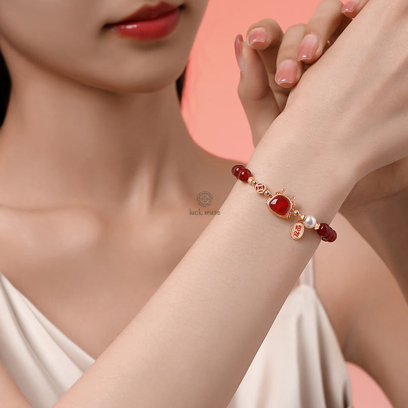 Luck Muse 925 Sterling Silver Dragon Year Natural Red Agate Hetian Jade Fortune Success Bracelet - Image 5