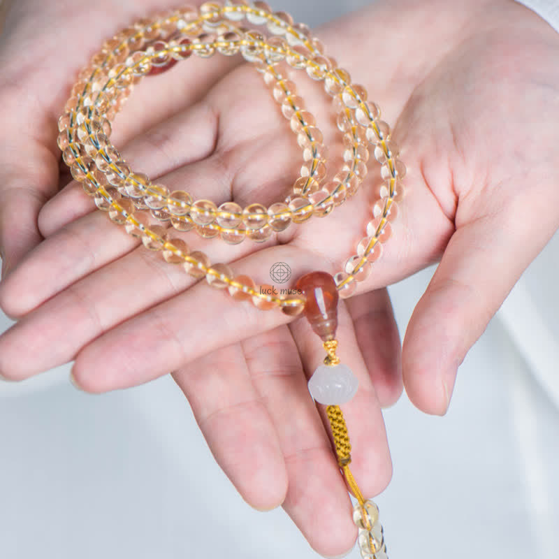 Luck Muse 108 Mala Beads Bracelet with 925 Sterling Silver, Natural Citrine, Red Agate, and White Jade Prosperity Charm - Image 3
