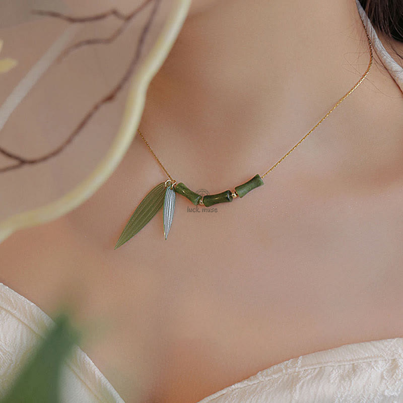 Bamboo Leaf Jade Luck Muse Wealth Necklace Pendant - Image 8