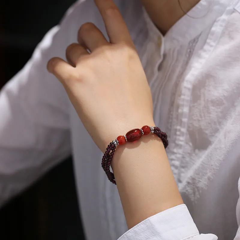 Natural Garnet and Red Agate Triple Layer Bracelet with Luck Muse Protection - Image 3