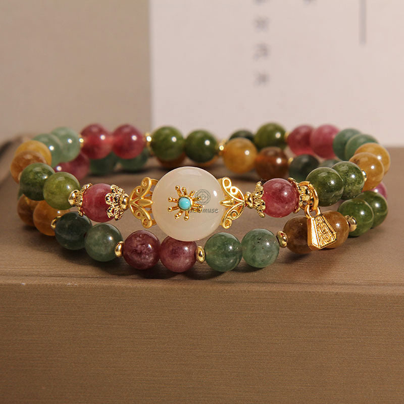 Natural Multicolored Tourmaline and Positive Jade Flower Double Wrap Bracelet - Image 7