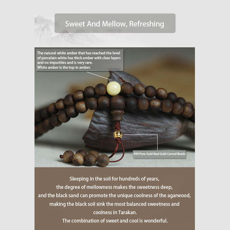 Luck Muse 999 Gold Tarakan 108 Mala Beads Bracelet with Agarwood & Amber for Evil Spirits Protection - Image 12