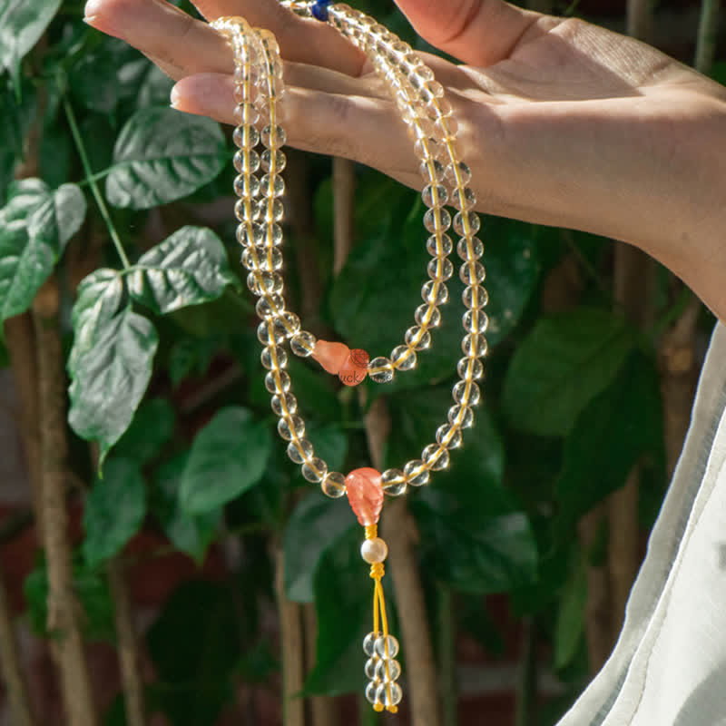 Luck Muse 108 Mala Beads Bracelet with 925 Sterling Silver, Natural Citrine, Red Agate, and White Jade Prosperity Charm - Image 15