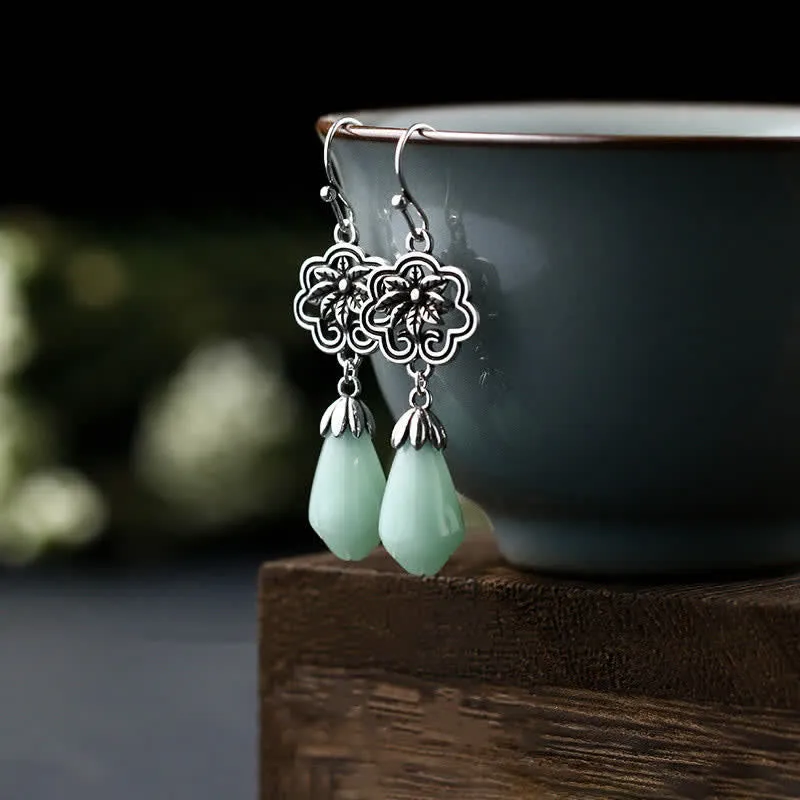 Luck Muse Magnolia Jade Water Drop Prosperity Earrings