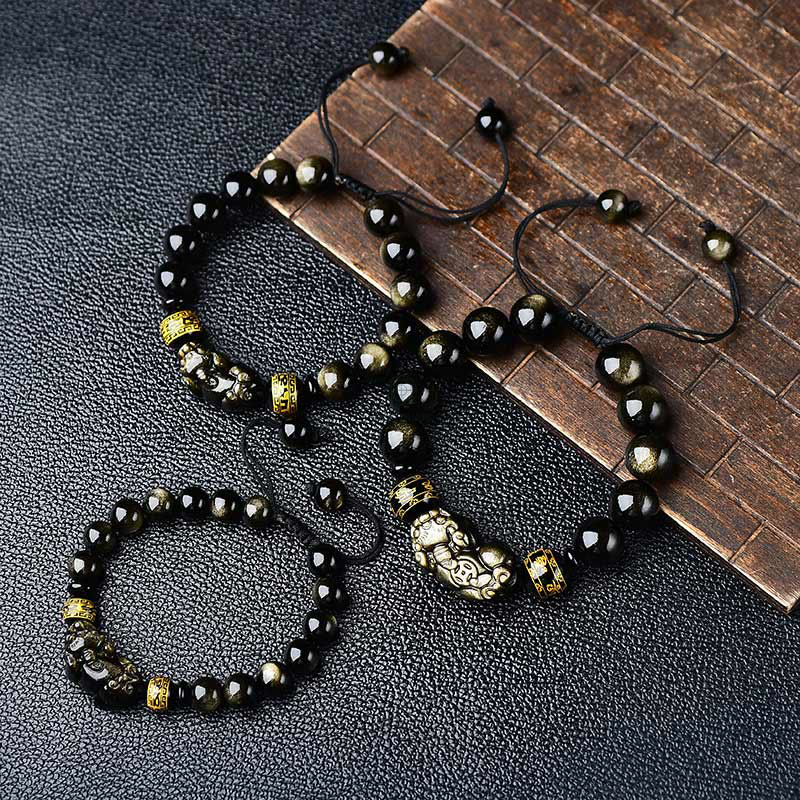 Natural Gold Sheen Obsidian PiXiu Wealth Bracelet with Om Mani Padme Hum - Image 2