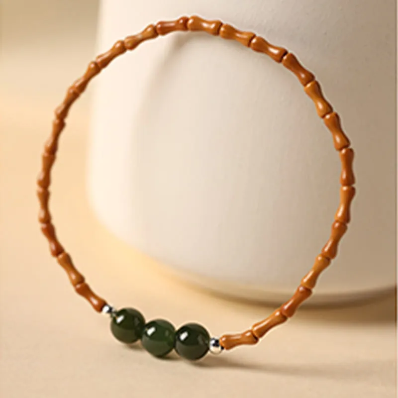 Bamboo Pattern Hetian Jade Beads Luck Bracelet with Luck Muse and Olive Pit - Natural - Image 10