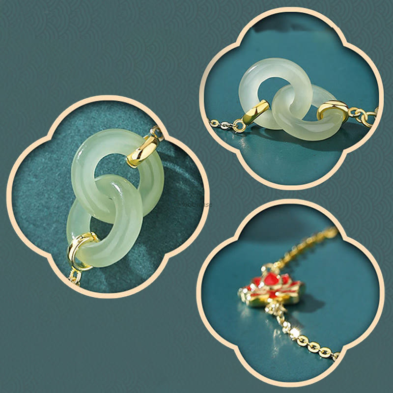 925 Sterling Silver Hetian Jade Double Peace Lotus Luck Bracelet with Luck Muse - Image 6