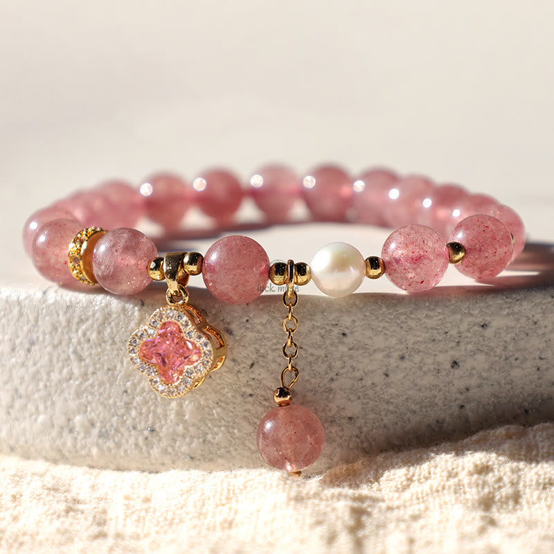 Luck Muse Strawberry Quartz and Pearl Four Leaf Clover Charm Bracelet for Healing - Image 8