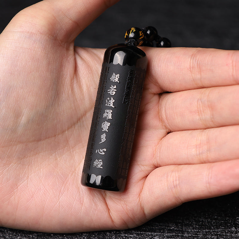 Natural Black Obsidian Luck Muse Heart Sutra Necklace Pendant - Image 9