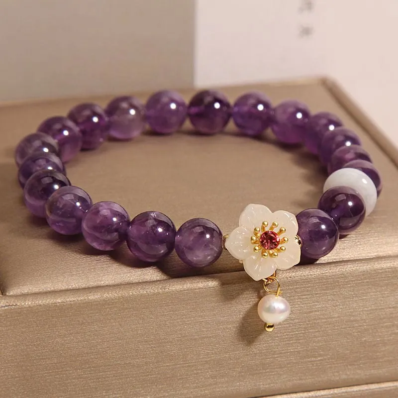 Natural Amethyst White Agate Pearl Charm Bracelet - Image 2