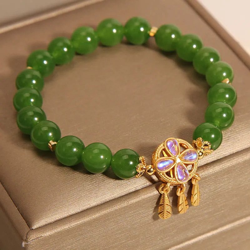 Natural Green Jade Dreamcatcher Four Leaf Clover Luck Bracelet crafted by Luck Muse Shop - Image 3