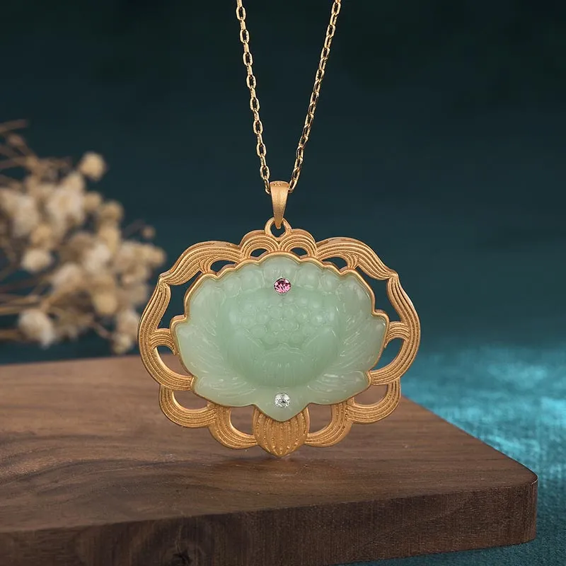 Natural Jade Lotus Harmony Necklace Pendant by Luck Muse Shop