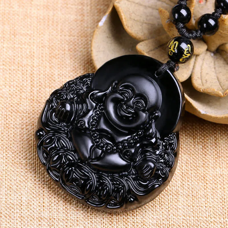 Laughing Buddha Black Obsidian Protection Pendant Necklace - Luck Muse Shop - Image 4