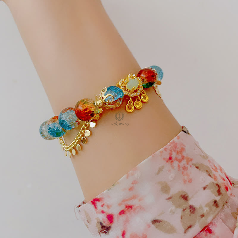Luck Muse Colorful Liuli Glass Bead Lucky Chinese Lock Charm Bracelet - Image 6