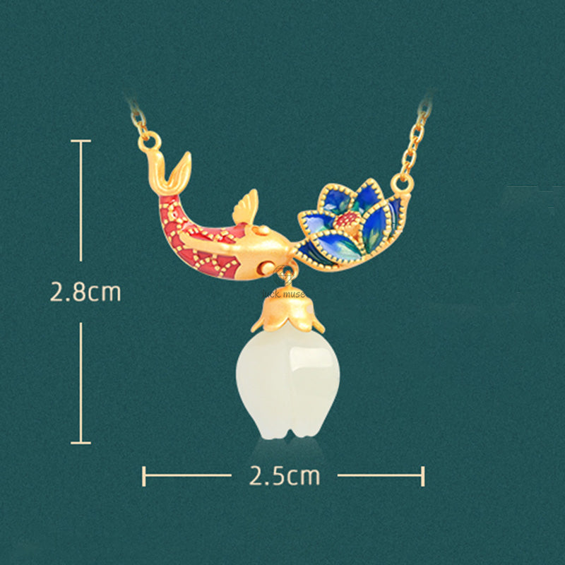 Luck Muse Shop 925 Sterling Silver White Jade Koi Fish Lotus Protection Necklace Pendant - Image 10