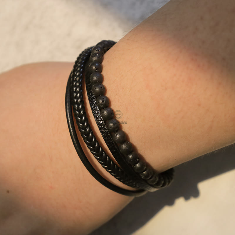 Natural Lava Rock Frosted Stone Bead Leather Bracelet with Black Onyx Accents - Image 7
