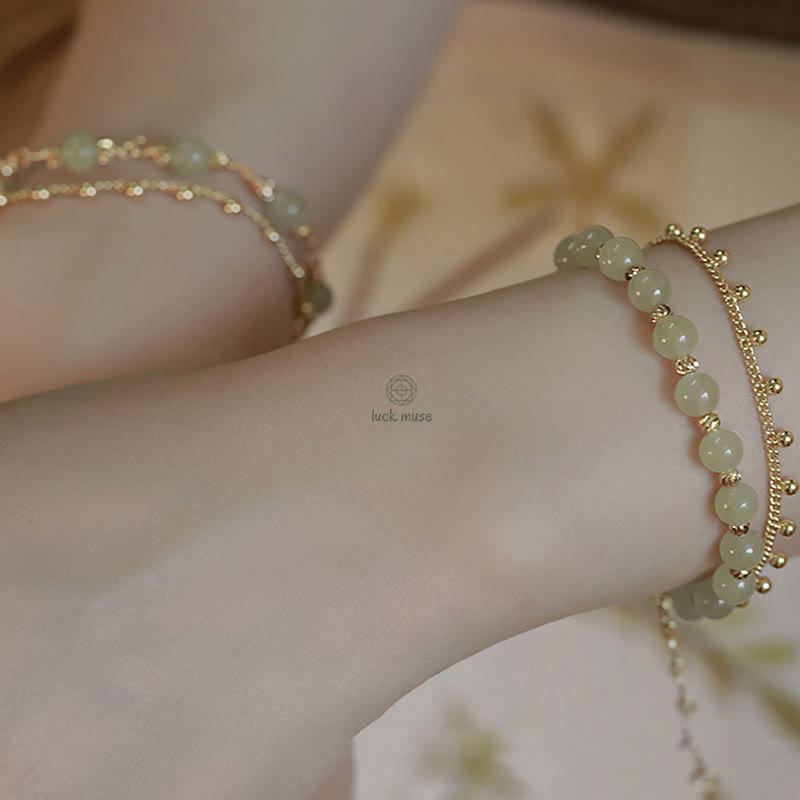 Luck Muse Shop 14K Gold-Plated Double Layer Hetian Jade Bead Bracelet for Luck and Prosperity - Image 9