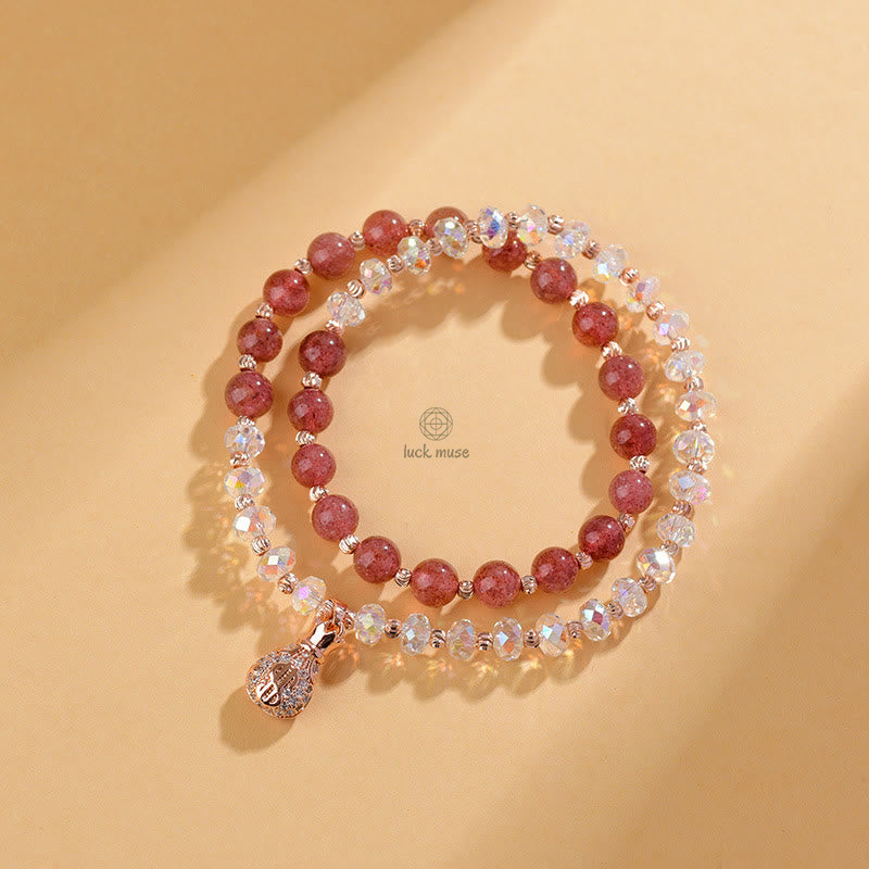 Luck Muse Strawberry Quartz & White Crystal Money Bag Charm Bracelet - Image 2