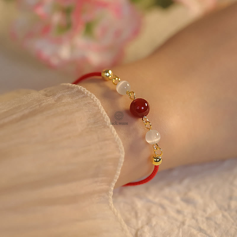 Red Agate and Cat Eye Braided Confidence Bracelet with Luck Muse