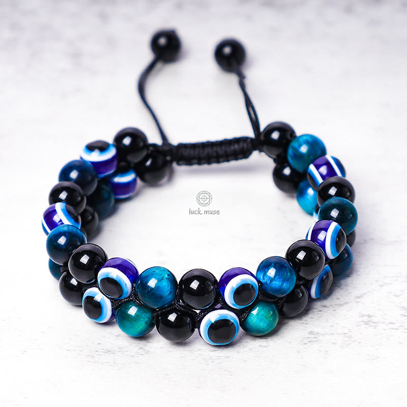 Evil Eye Protection Bracelet with Hematite and Tiger Eye Beads