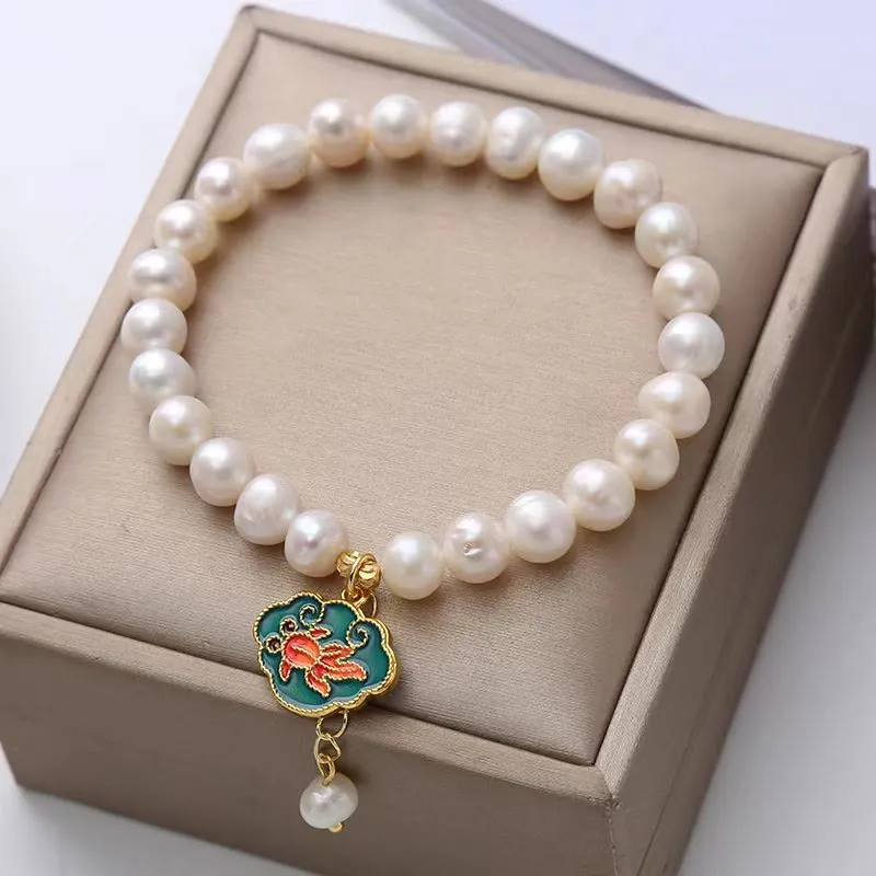 Natural Pearl Lotus Goldfish Optimism Charm Bracelet