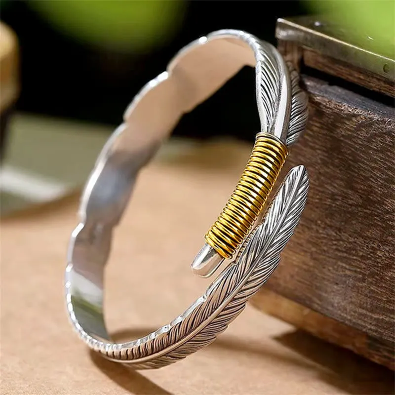 Luck Muse Feather Pattern Engraved Lucky Cuff Bracelet Bangle
