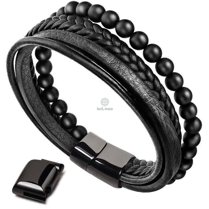 Natural Lava Rock Frosted Stone Bead Leather Bracelet with Black Onyx Accents - Image 10