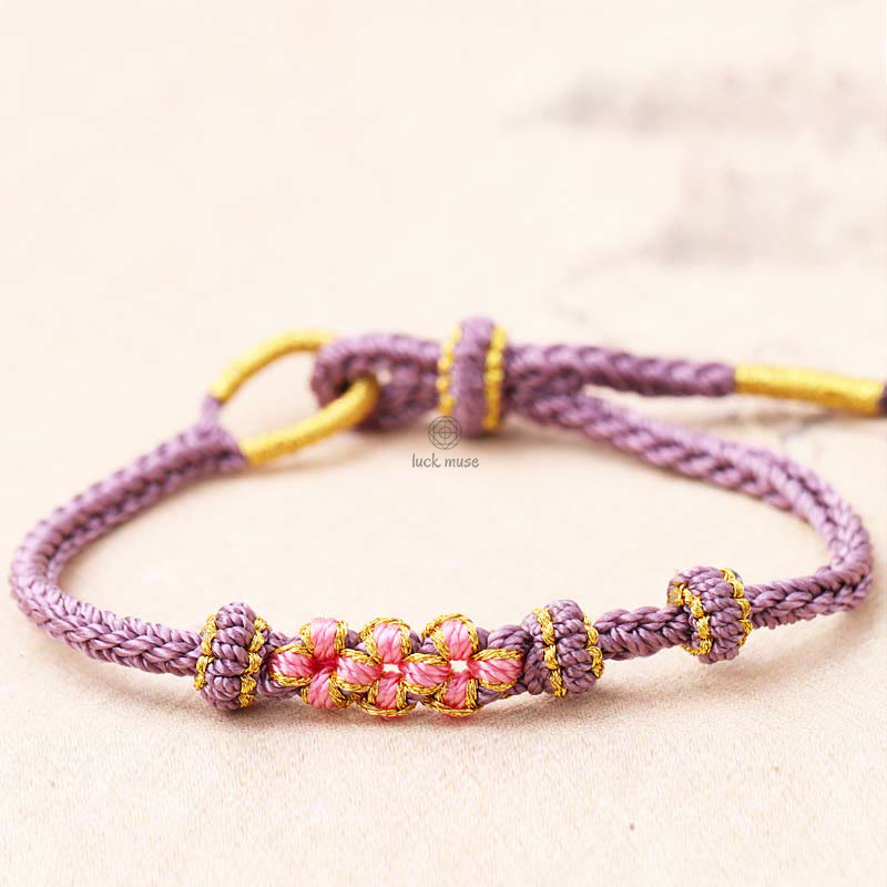 Braided String Bracelet with Handmade Three Peach Blossoms for Good Luck - Eight Strands - Image 9