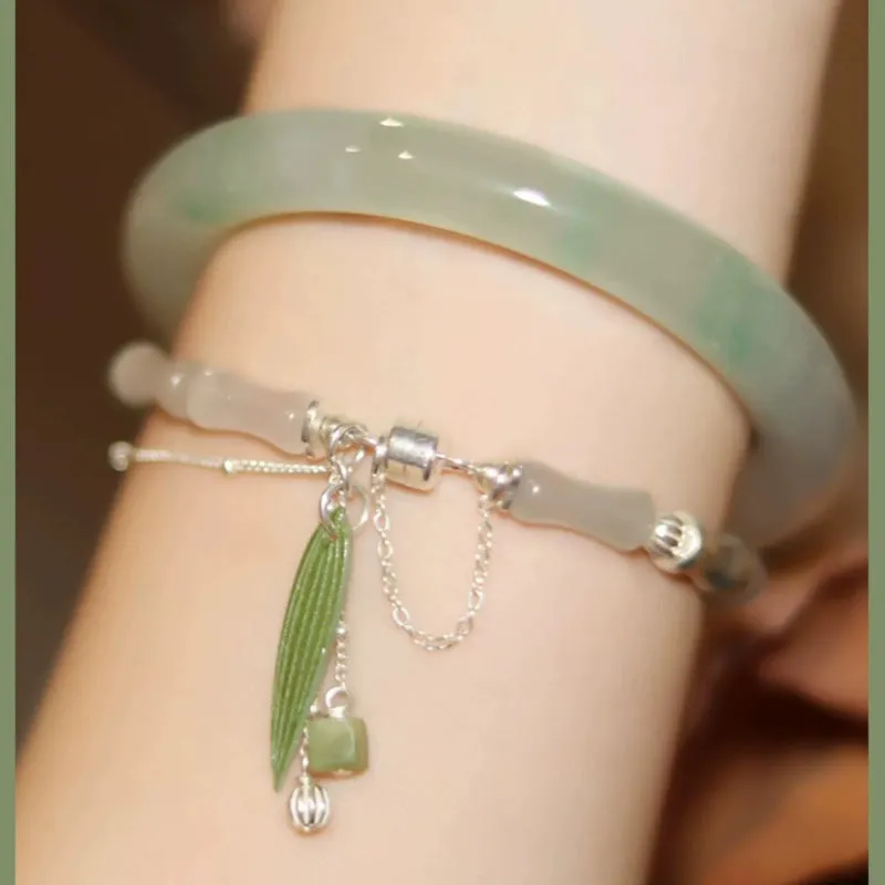 Bamboo Leaf Lantern Charm Happiness Bracelet with Natural White Jade in 925 Sterling Silver - Image 4