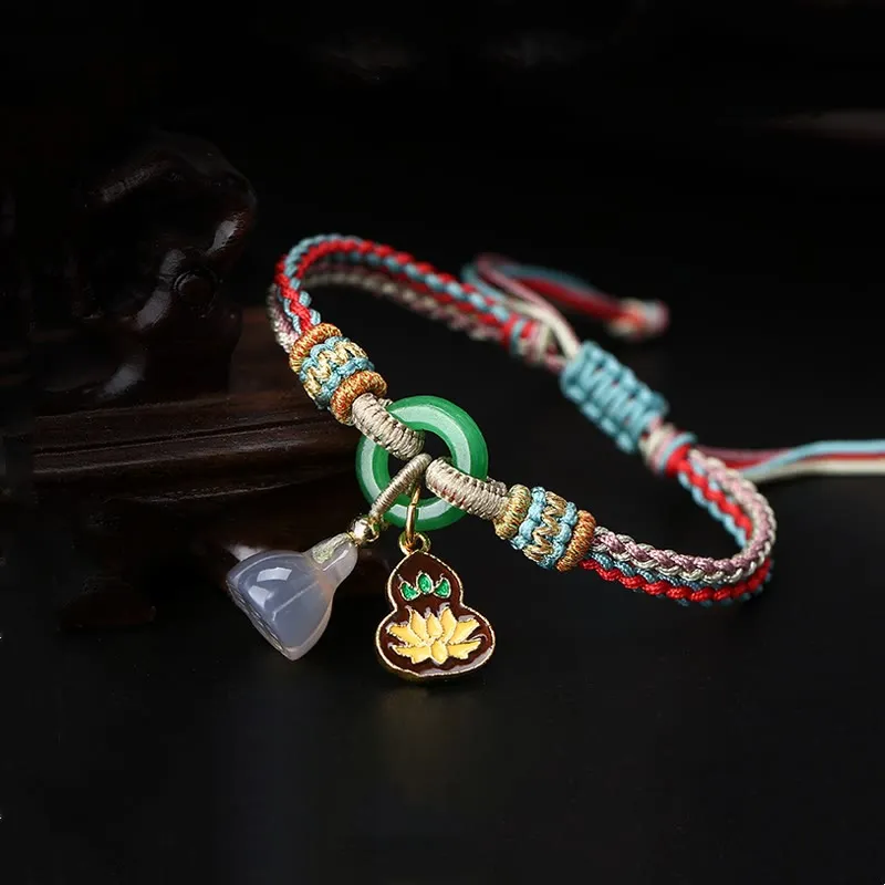 Colorful Rope Chalcedony Luck Muse Bracelet with Lotus Jade Peace Charm - Image 4