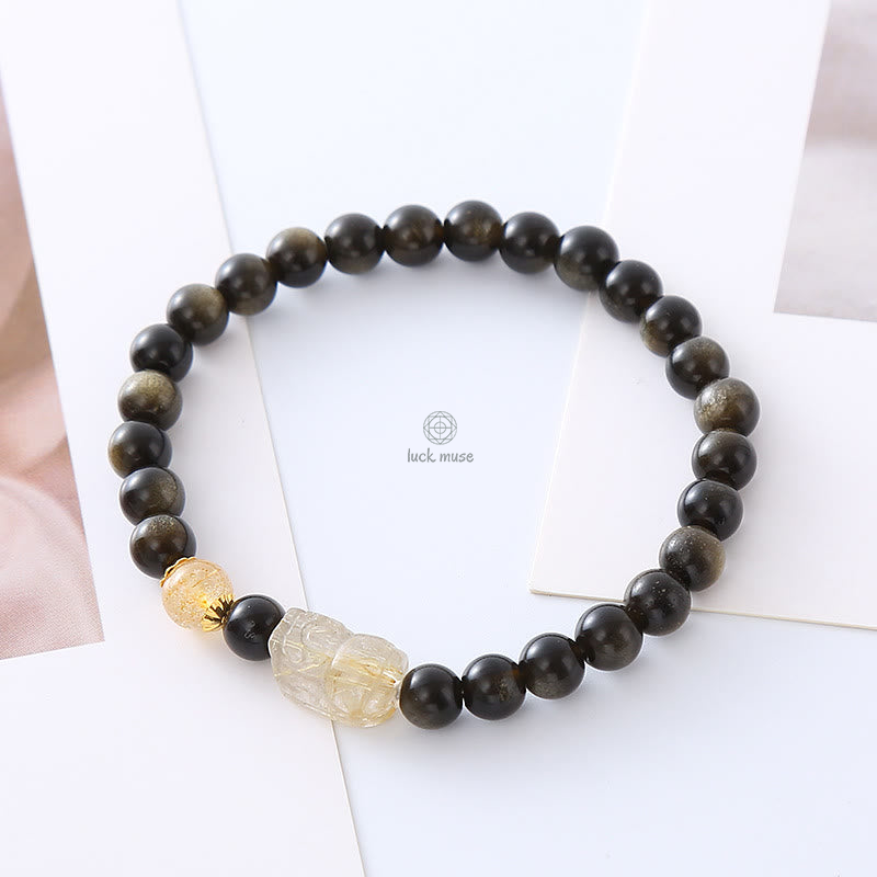 Golden Sheen Obsidian PiXiu Wealth Protection Bracelet with Luck Muse - Image 2