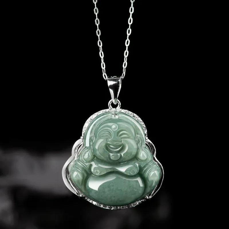925 Sterling Silver Laughing Buddha Jade Abundance Necklace Pendant - Image 2