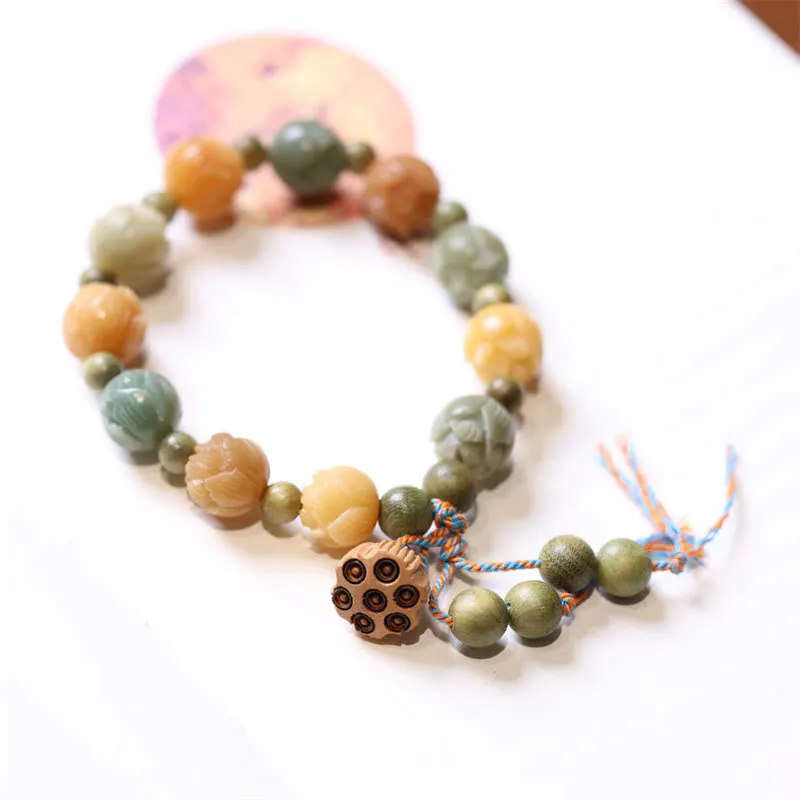 Sandalwood Buddha Bracelet with Bodhi Seed, Green Lotus, Wisdom, and Harmony Stones
