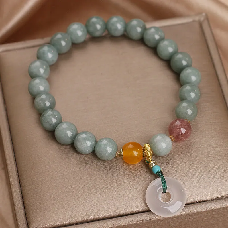 Buddhist Jade and Strawberry Quartz Beaded Peace Buckle Prosperity Bracelet - Image 2