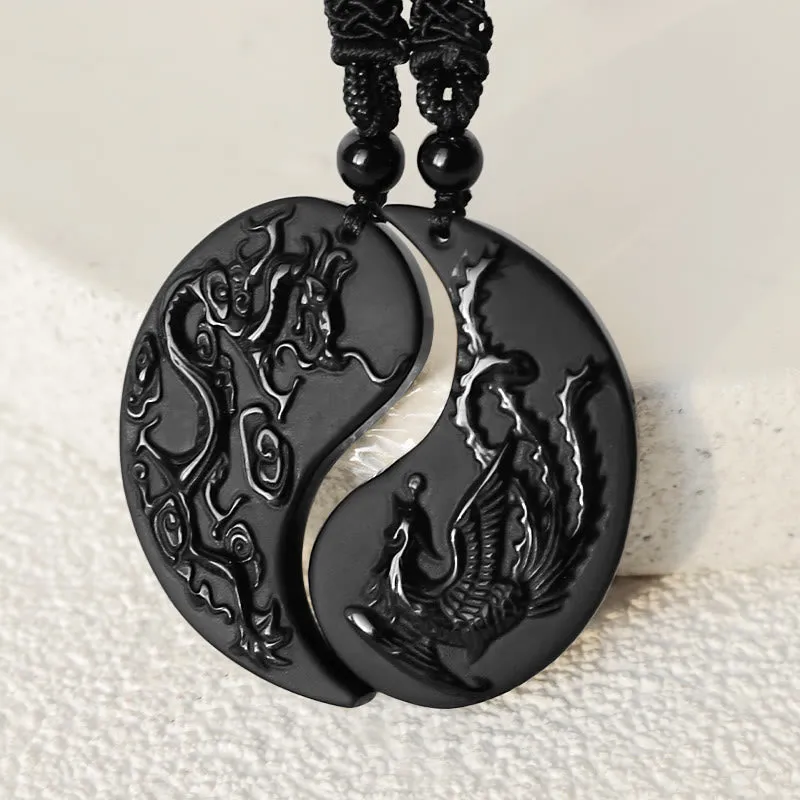 Black Obsidian Yin Yang Dragon Phoenix Lucky Necklace Pendant by Luck Muse Shop - Image 3