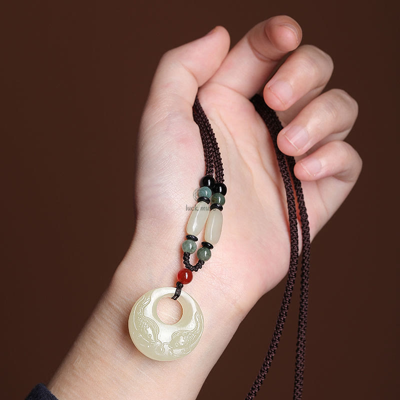 White Jade Double Koi Fish Carved Luck Muse Necklace for Prosperity and Success - Image 4