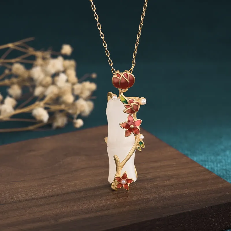 White Jade Bamboo Lotus Flowers Necklace Pendant for Luck and Protection