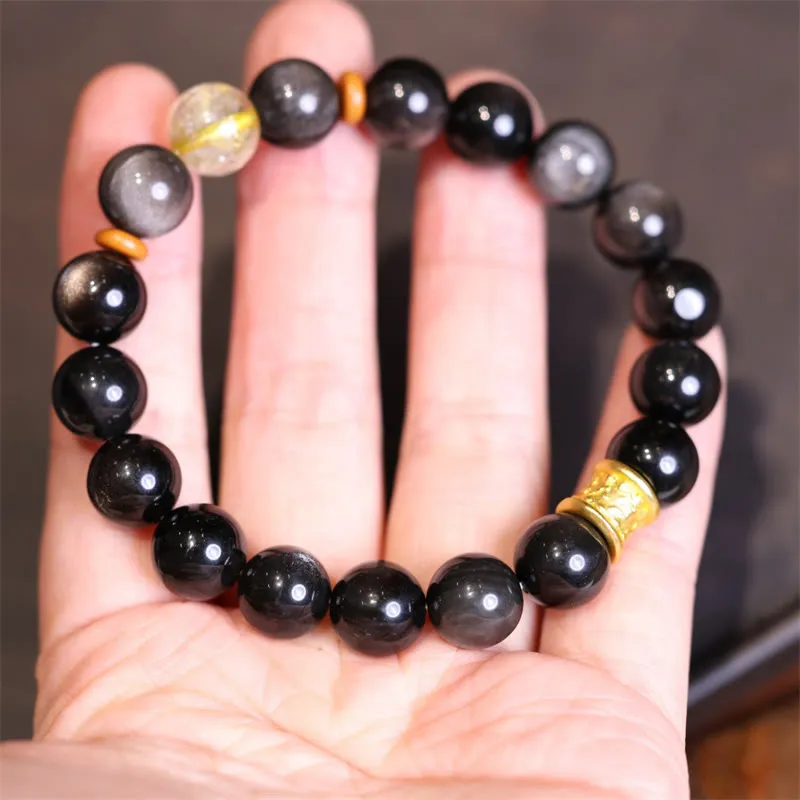 Luck Muse Silver Sheen Obsidian Om Mani Padme Hum Protection Bracelet - Image 6