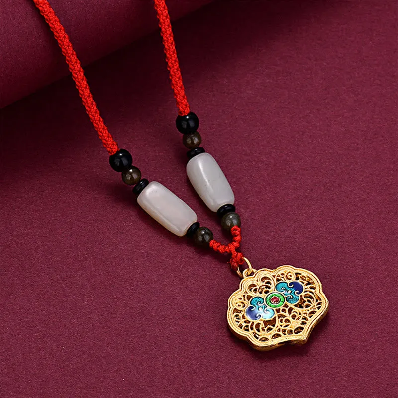 Vintage Auspicious Clouds Agate Copper Wealth Necklace Pendant with Luck Muse - Image 2