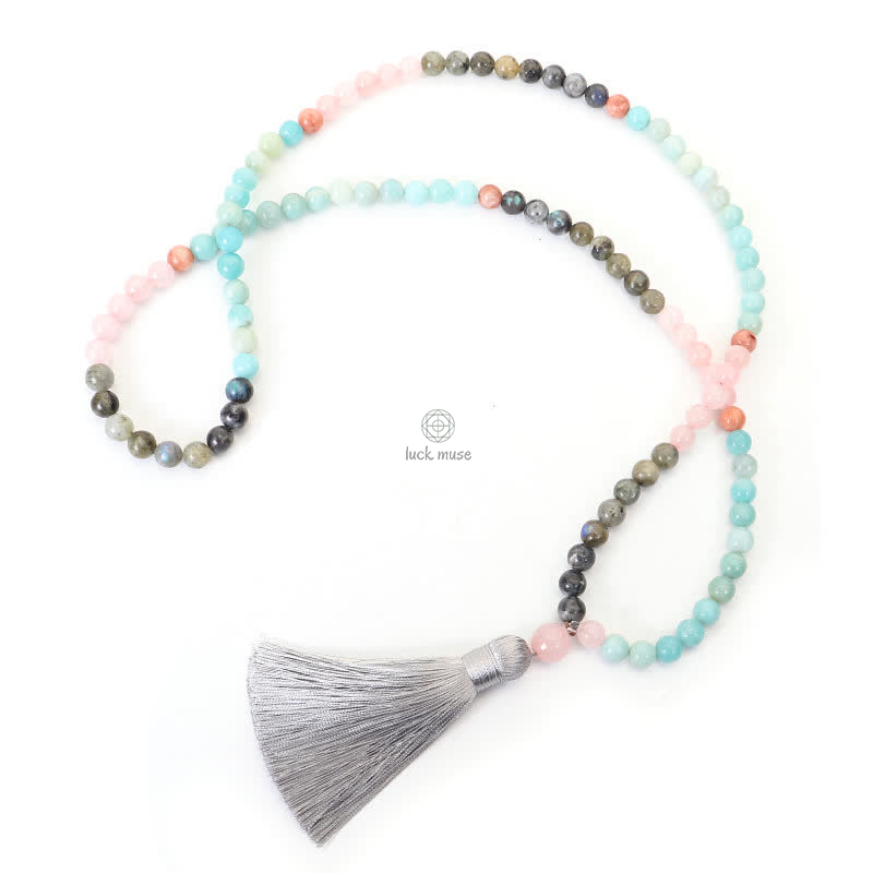 Amazonite and Black Glitter Stone 108 Mala Beads Bracelet with Positive Tassel Design - Image 14