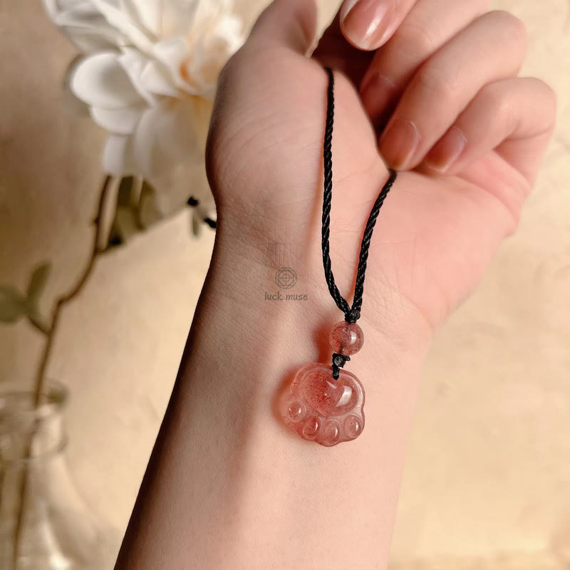 Luck Muse Strawberry Quartz Cat Paw Healing Necklace - Image 11