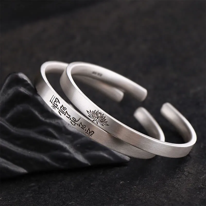 999 Sterling Silver Om Mani Padme Hum Lotus Engraved Peace Bracelet Bangle